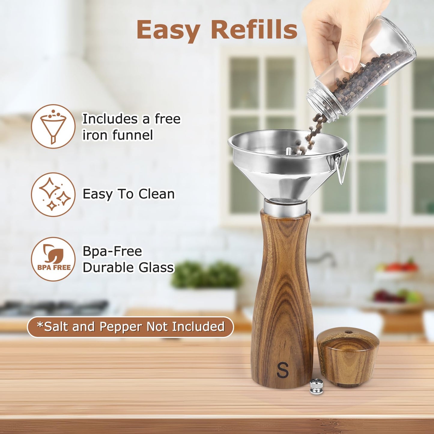 2 Pack Acacia Wood Salt and Pepper Grinder Set – 8” Manual Mills with Adjustable Ceramic Core, Stainless Steel, Tray, Spoon, Brush & Funnel – Rustic Wooden Gift Set for Kitchen or Table