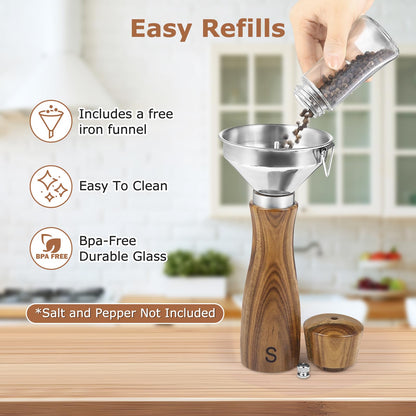 2 Pack Acacia Wood Salt and Pepper Grinder Set – 8” Manual Mills with Adjustable Ceramic Core, Stainless Steel, Tray, Spoon, Brush & Funnel – Rustic Wooden Gift Set for Kitchen or Table