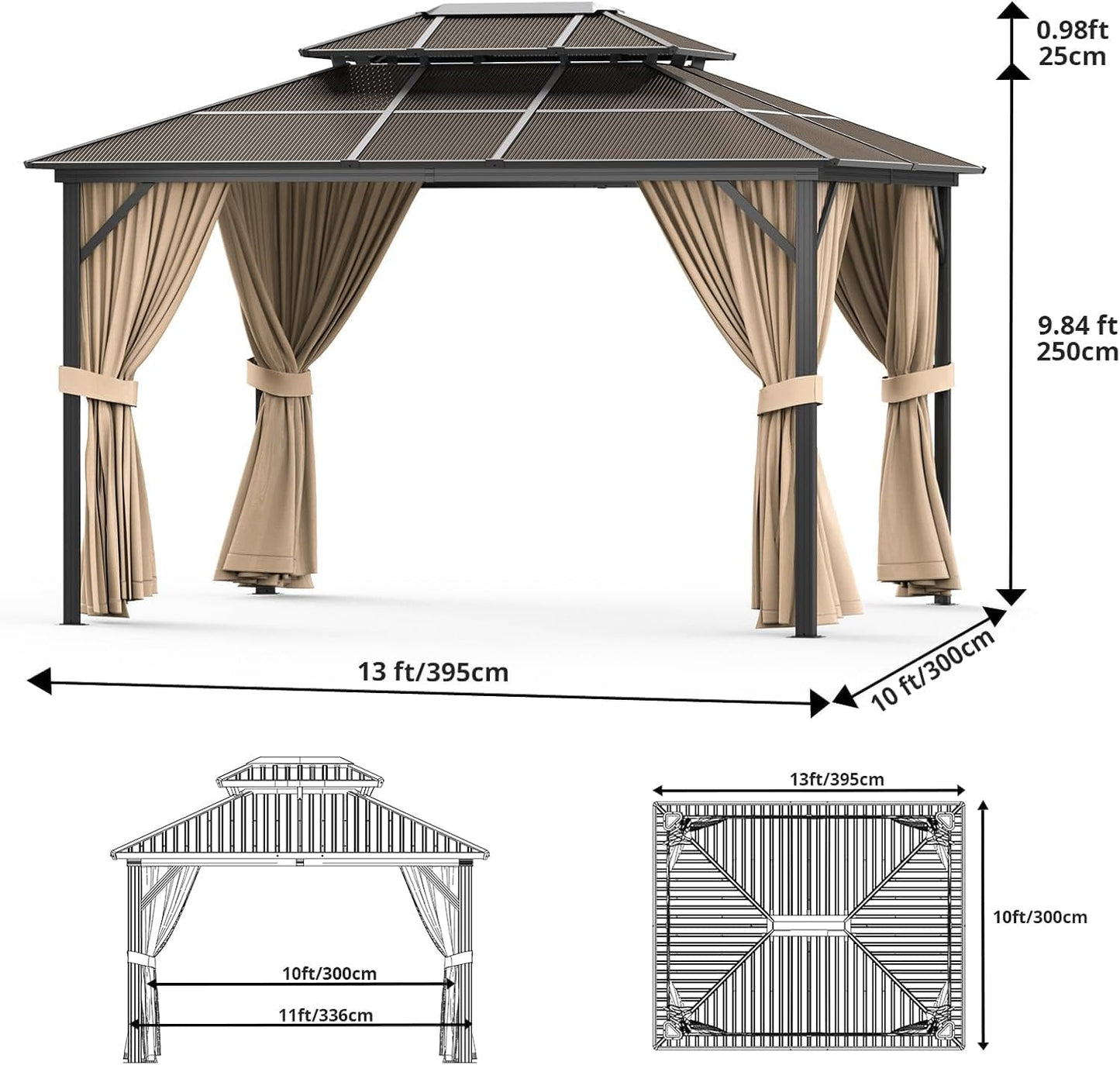 10' x 13' Hardtop Gazebo, Outdoor Aluminum Gazebo with Double Polycarbonate Roof, Permanent Patio Pavilion with Mosquito Netting and Privacy Curtains for Backyard, Garden, Lawn, Khaki