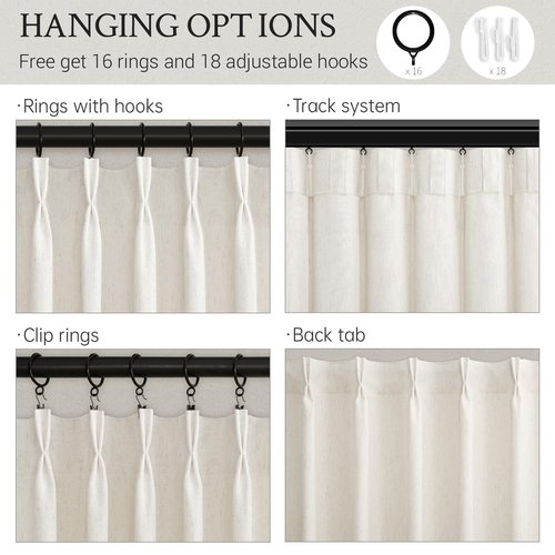 90 inch Pinch Pleated Linen Curtains for Living Room Bedroom Natural Ivory Birch Boho Country Thick Linen Textured Light Filtering Pinch Pleat Drapes Back Tab Semi Sheer Window Curtain 2 Panels