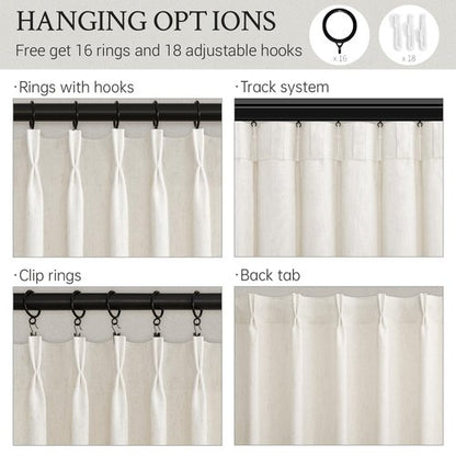 90 inch Pinch Pleated Linen Curtains for Living Room Bedroom Natural Ivory Birch Boho Country Thick Linen Textured Light Filtering Pinch Pleat Drapes Back Tab Semi Sheer Window Curtain 2 Panels