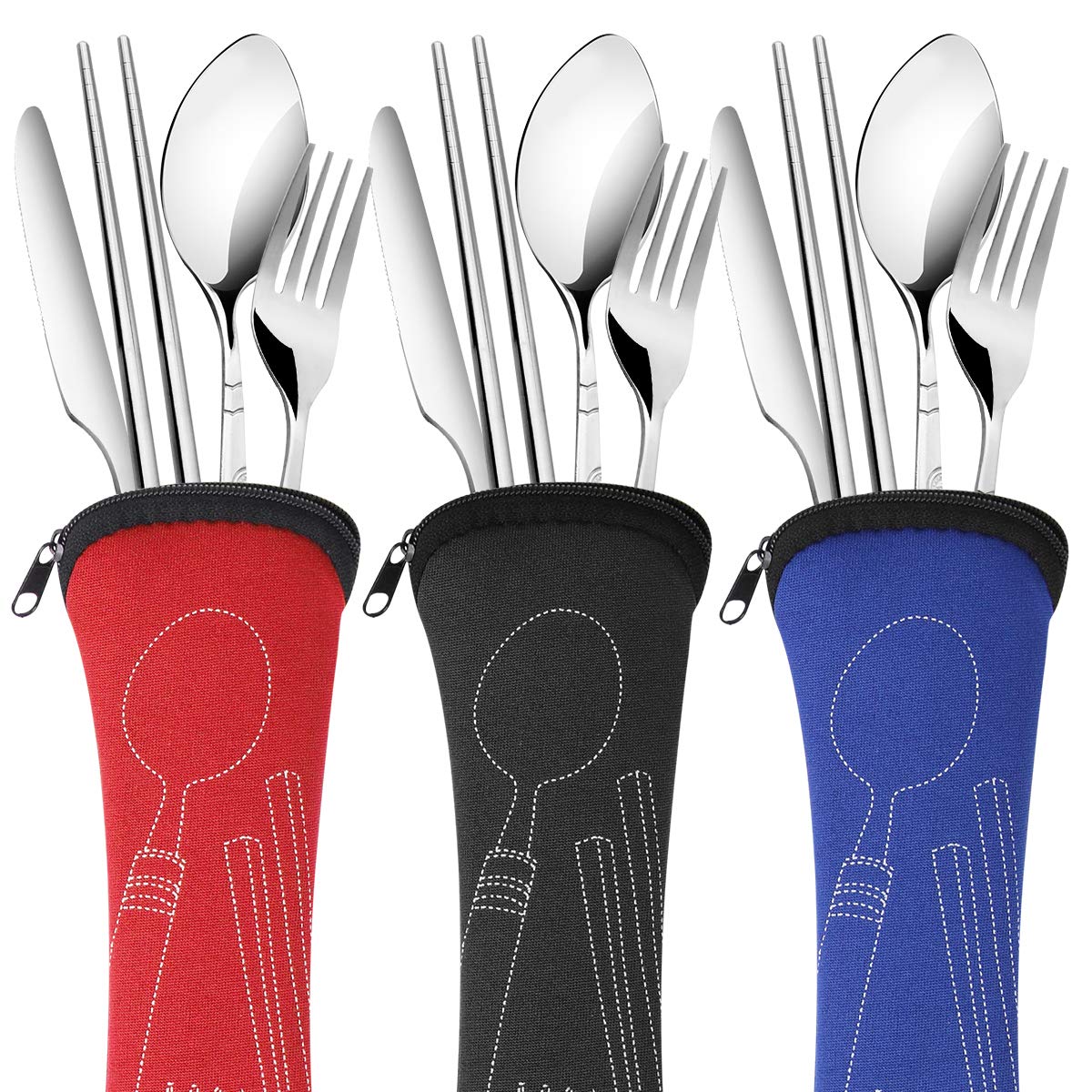 Arroyner 6 Pack Reusable Flatware Sets Knife, Fork, Spoon, Chopsticks, 24Pcs Portable Travel Stainless Steel Tableware Dinnerware with Carrying Case
