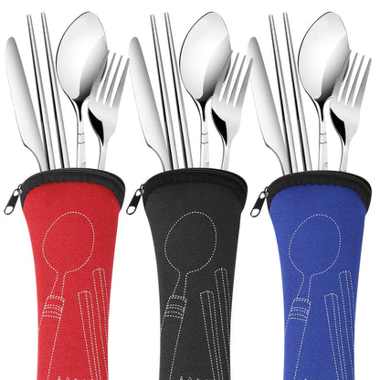 Arroyner 6 Pack Reusable Flatware Sets Knife, Fork, Spoon, Chopsticks, 24Pcs Portable Travel Stainless Steel Tableware Dinnerware with Carrying Case