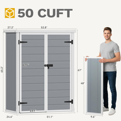 DWVO 50 Cuft Outdoor Tall Storage Shed with 2 Shelves, 4.3x2x5.5ft Vertical Tool Shed with Floor & Lockable Doors, Sturdy Double-Wall Plastic Cabinet for Garbage Cans and Garden Equipment (Gray)