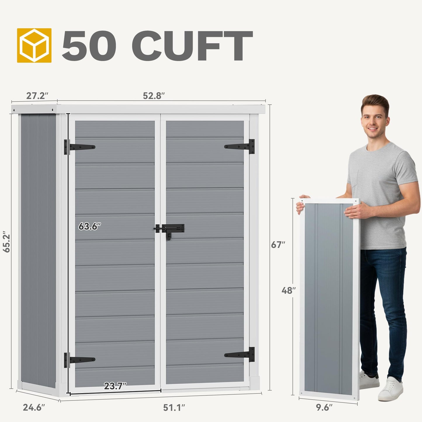 DWVO 4.3x2x5.5ft Outdoor Vertical Storage Shed with 2 Shelves, 50 Cu Ft Waterproof Resin Garden Shed with Lockable Door, Plastic Tall Tool Cabinet for Garbage Cans, Lawn Garden Supplies (Gray)
