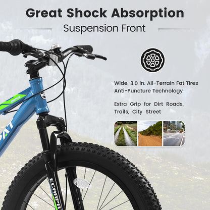 richvelo 26 Inch Fat Tire Bike Adult/Youth Full Shimano 7 Speeds Mountain Bike, Dual Disc Brake, High-Carbon Steel Frame, Front Suspension, Mountain Trail Bike, Urban Commuter City Bicycle