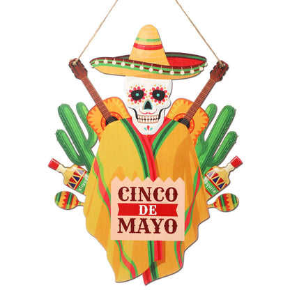 Menkxi 1 Pcs Cinco De Mayo Door Sign Decoration Mexican Skeleton Front Door Welcome Hanger Wreath Wooden Hanging Signs for Cinco De Mayo Party Supplies(Mexican Theme)