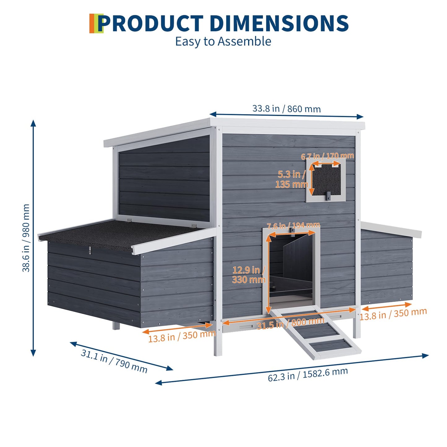 GarveeTech Wooden Chicken Coop with Nesting Boxes & Lockable Doors, Outdoor Chicken House, Weatherproof Roof Pet Cage for Guinea Pig, Rabbit, Duck - 62.2x38.6x38.6 in