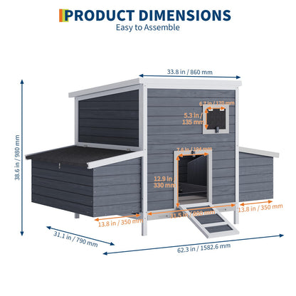 GarveeTech Wooden Chicken Coop with Nesting Boxes & Lockable Doors, Outdoor Chicken House, Weatherproof Roof Pet Cage for Guinea Pig, Rabbit, Duck - 62.2x38.6x38.6 in