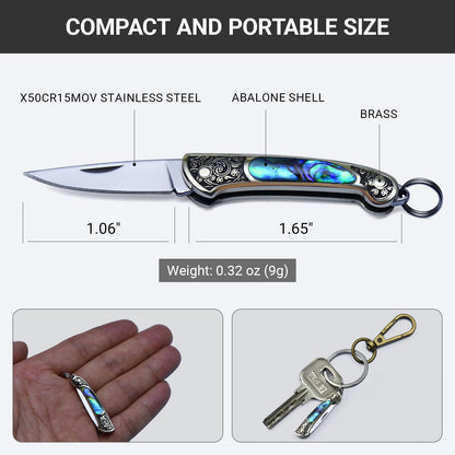 JPCRMOV Mini Folding Pocket Knife, Abalone Shell Handle, Keychain EDC Tool, 1.06” Blade, Ultra Lightweight 9g, Small Box Opener for Daily Carry