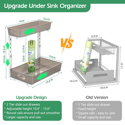 ADRIMER Under Sink Organizer 2 Packs, Pull Out Kitchen Sink Organizer, 2 Tier Slide Out Kitchen Organizers and Storage Bathroom Under Cabinet Storage Shelf, Grey & White