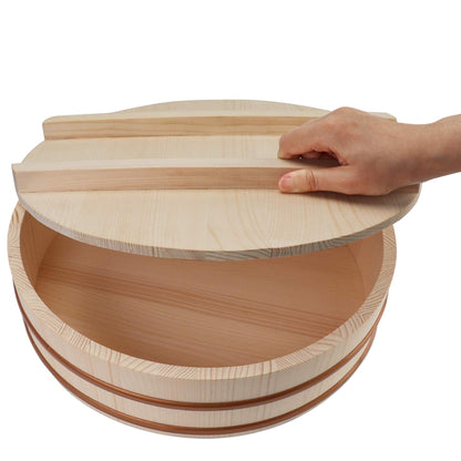 Kichgather Wooden Sushi Rice Bowl with Lid Hangiri Sushi Oke Sushi Rice Mixing Tub (13 “ with lid)