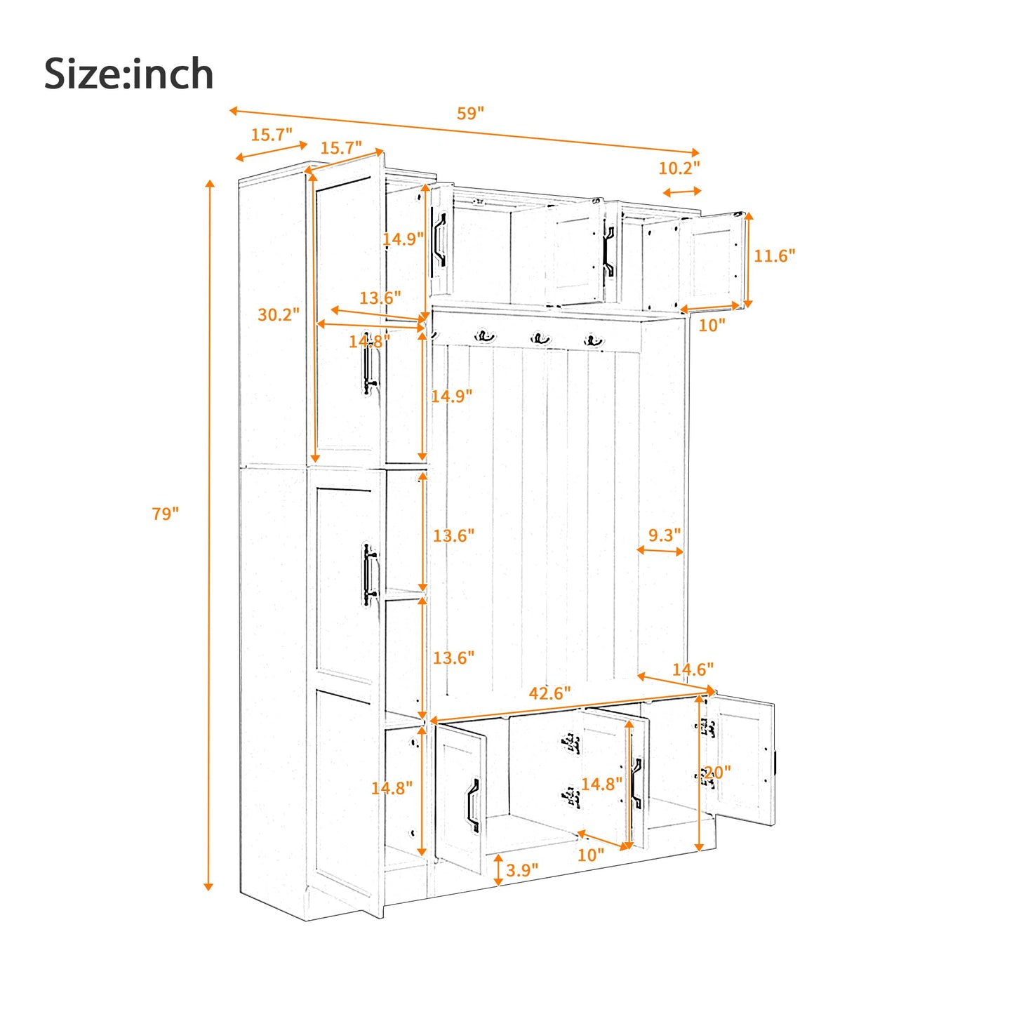 Shaical 79'' Tall Hall Tree with Shoe Storage and Bench, 4-in-1 Mudroom Storage Organizer Coat Rack with 6 Cabinets, 4 Coat Hooks & Adjustable Shelf for Hallway, Entryway, Living Room, White