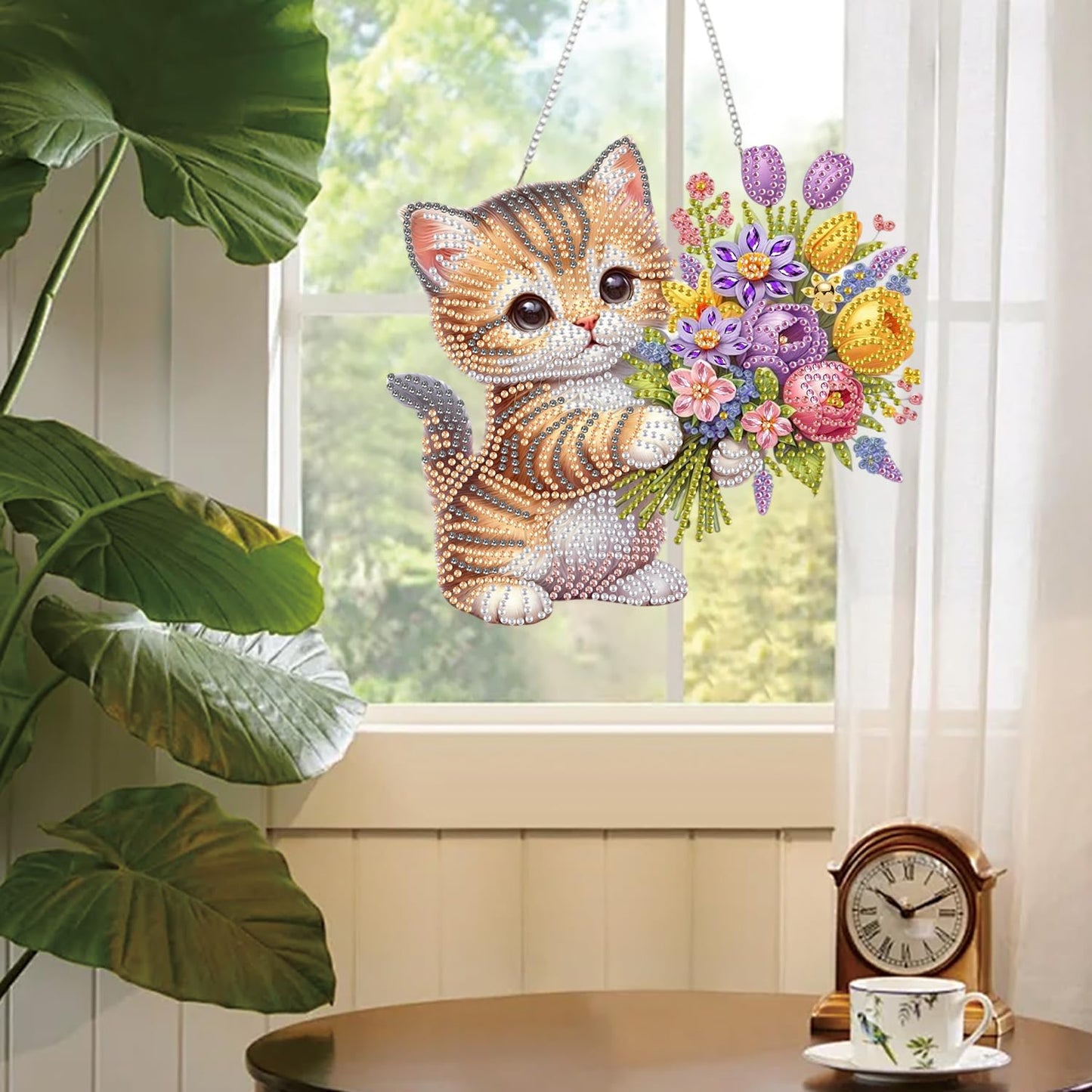 AIBOERL Diamond Art Hanging Kit for Adult,Special Shaped Rhinestone,Double Sided 5D DIY Acrylic Diamond Art Painting Window Pendants Home Garden Wall Hanging Kits Hanging Ornament (Cat)
