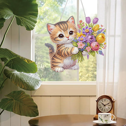 AIBOERL Diamond Art Hanging Kit for Adult,Special Shaped Rhinestone,Double Sided 5D DIY Acrylic Diamond Art Painting Window Pendants Home Garden Wall Hanging Kits Hanging Ornament (Cat)