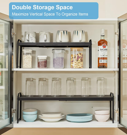 2 Pack Expandable Cabinet Countertop Shelves, Stackable Shelves Organizers For Kitchen Cabinet Countertop Storage, Adjustable Counter Cupboard Pantry Organizer Shelf Rack Stand, Length:20.5"