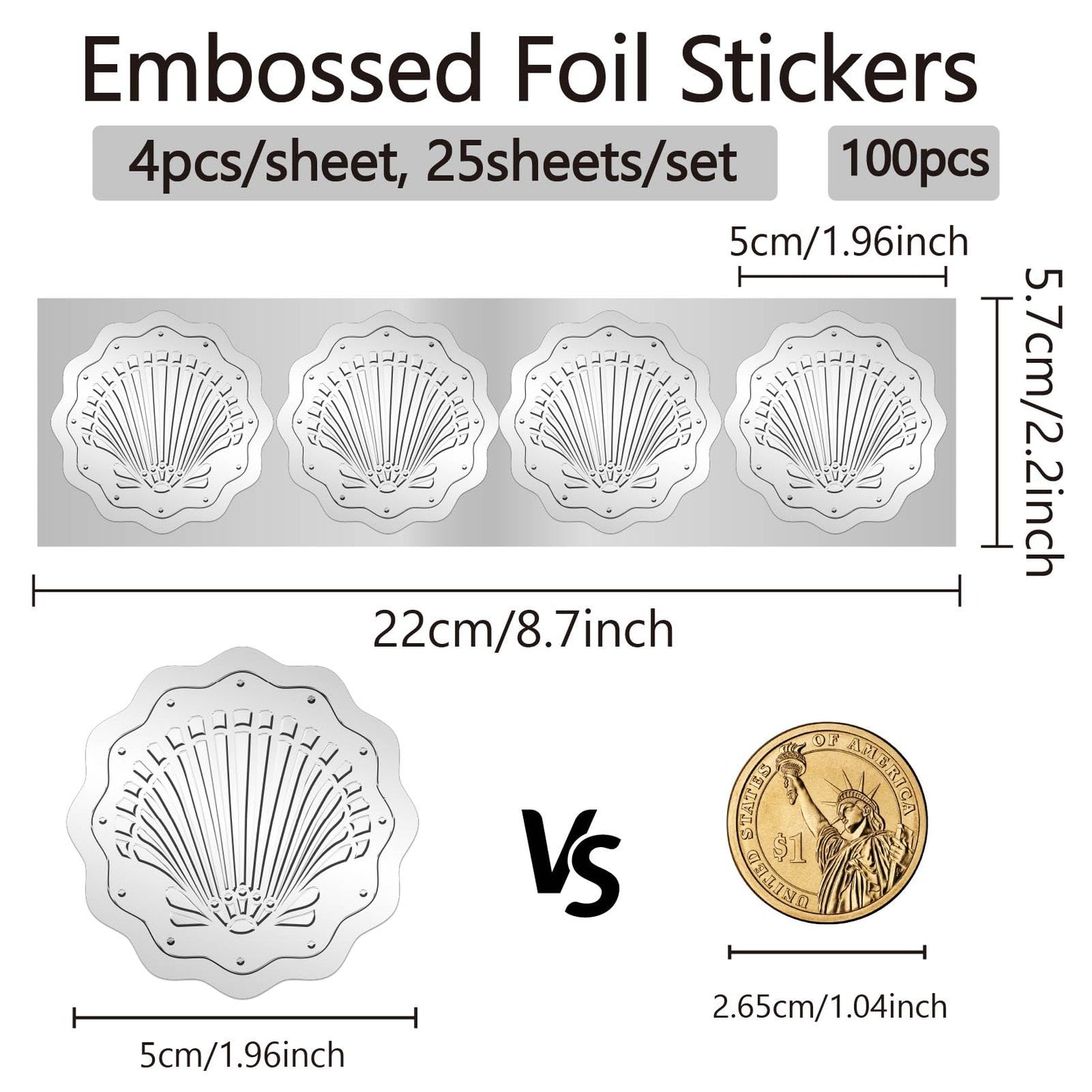 CRASPIRE 100Pcs Sea Shell Seal Sticker 2" Ocean Summer Beach Silver Foil Embossed Stickers Self Adhesive Sticker Labels Certificate Seals for Graduation Wedding Greeting Envelope Invitation Cards Pack