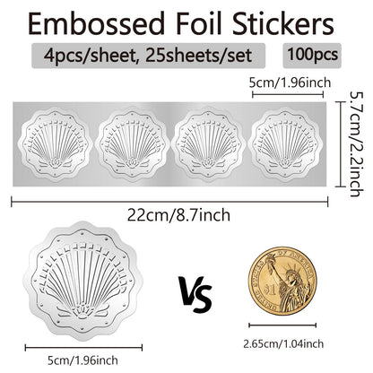 CRASPIRE 100Pcs Sea Shell Seal Sticker 2" Ocean Summer Beach Silver Foil Embossed Stickers Self Adhesive Sticker Labels Certificate Seals for Graduation Wedding Greeting Envelope Invitation Cards Pack