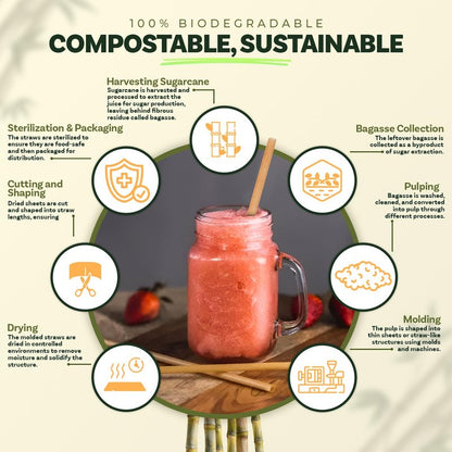 Weemium Sugarcane Straws [300 Pack] 8.25" | FSC Certified 100% Compostable Straws Disposable for Warm and Cold Drinks | Plastic-free & Biodegradable Packaging | Eco friendly made with Sugarcane Fiber