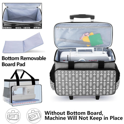 Yarwo Upgraded Rolling Sewing Machine Carrying Case, Detachable Trolley Tote Bag with Removable Bottom Board and Thickened Trailer Leg for Most Standard Sewing Machine and Accessories, Gray with Arrow