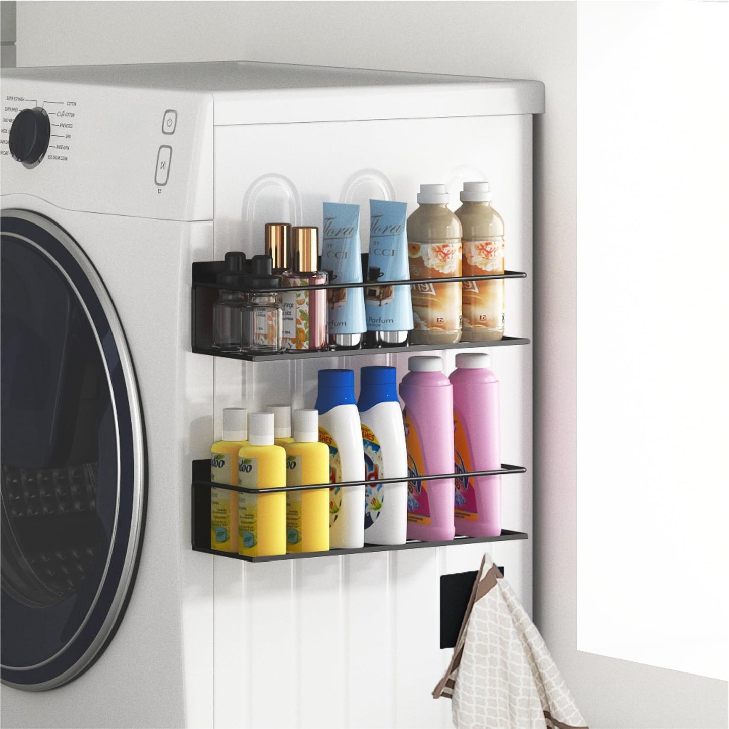 Roysili Magnetic Spice Rack For Refrigerator, Magnetic Fridge Shelf For Kitchen, Magnetic Shelf For Fridge Space Saving Black 4 Pack With Magnetic Paper Towel Holder