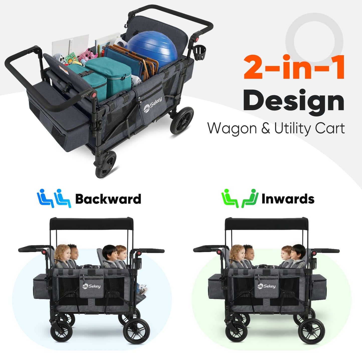 Sekey 4 Seater Stroller Wagon for Kids - Premium Quality with Convertible Seats, Adjustable Push Handles, Removable Canopy, Snack Tray & Cooler, US Certified.