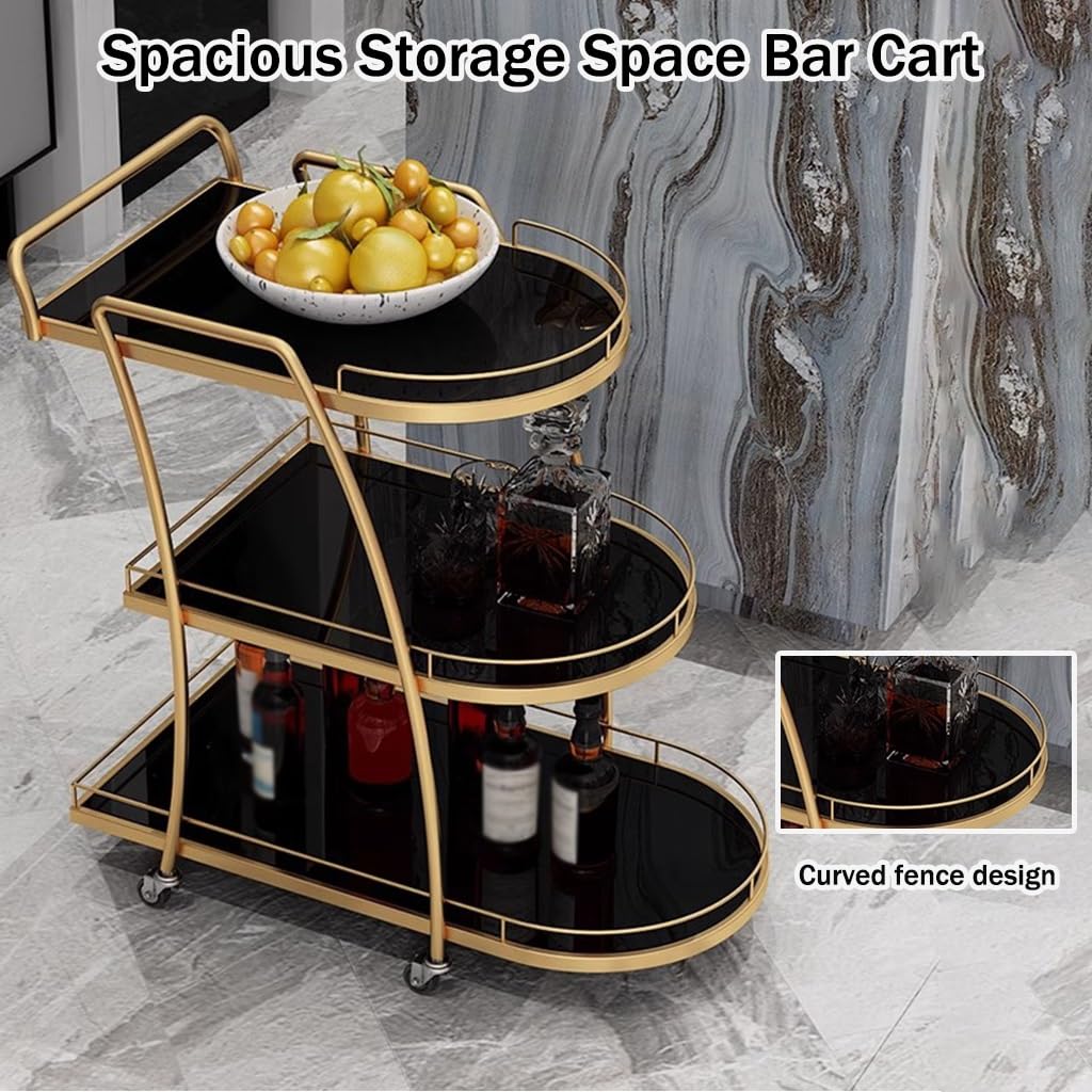 FGQuelleBM Luxury 3-Tier Serving Cart with Handles, Hotel Beverage Cart with Brake Wheels & Glass Top for Wine, Dishes & Salad(Gold Black)