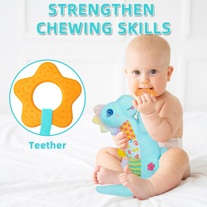 Baby Dino Musical Stuffed Animal Toys for 0-3-6-9-12 Months，Infant Dinosaur Tummy Time Toys with Crinkle Sound Paper,Teether，Textures & Rattles for Newborn Boys Girls Birthday Gifts，Blue