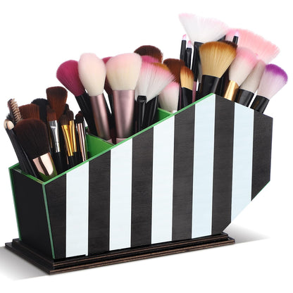 Beeveer Coffin Makeup Brush Holder Black Striped Gothic Makeup Brush Holder Wooden Organizer Gifts for Women Cosmetic Display Cases Spooky Pencil Brushes Organizer Bathroom Accessories