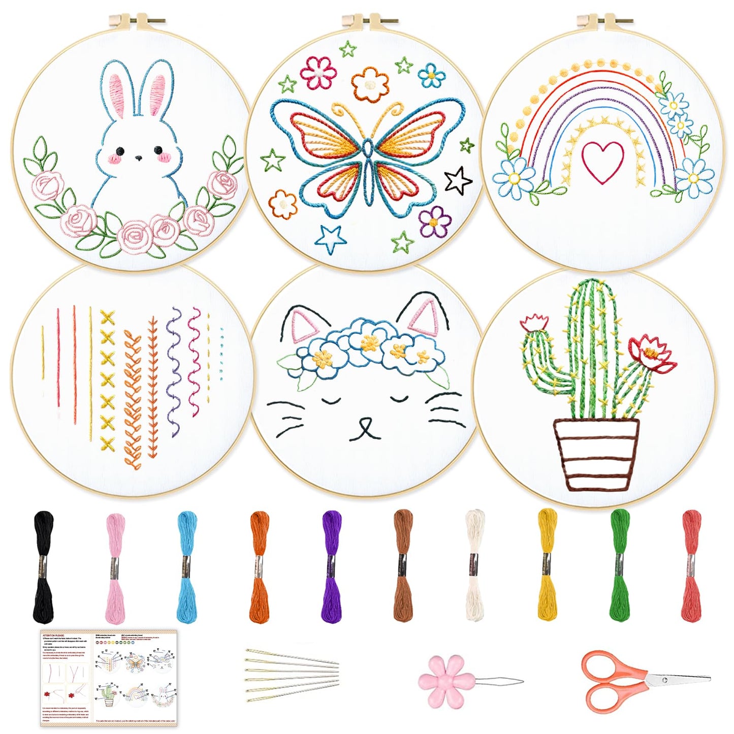 BEUNITONE Embroidery Kit with 6 Easy Patterns, Simple Cross Stitch Starter Set for Absolute Beginners, Cute Animal Rainbow Butterfly DIY Craft Activity