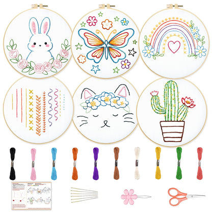 BEUNITONE Embroidery Kit with 6 Easy Patterns, Simple Cross Stitch Starter Set for Absolute Beginners, Cute Animal Rainbow Butterfly DIY Craft Activity