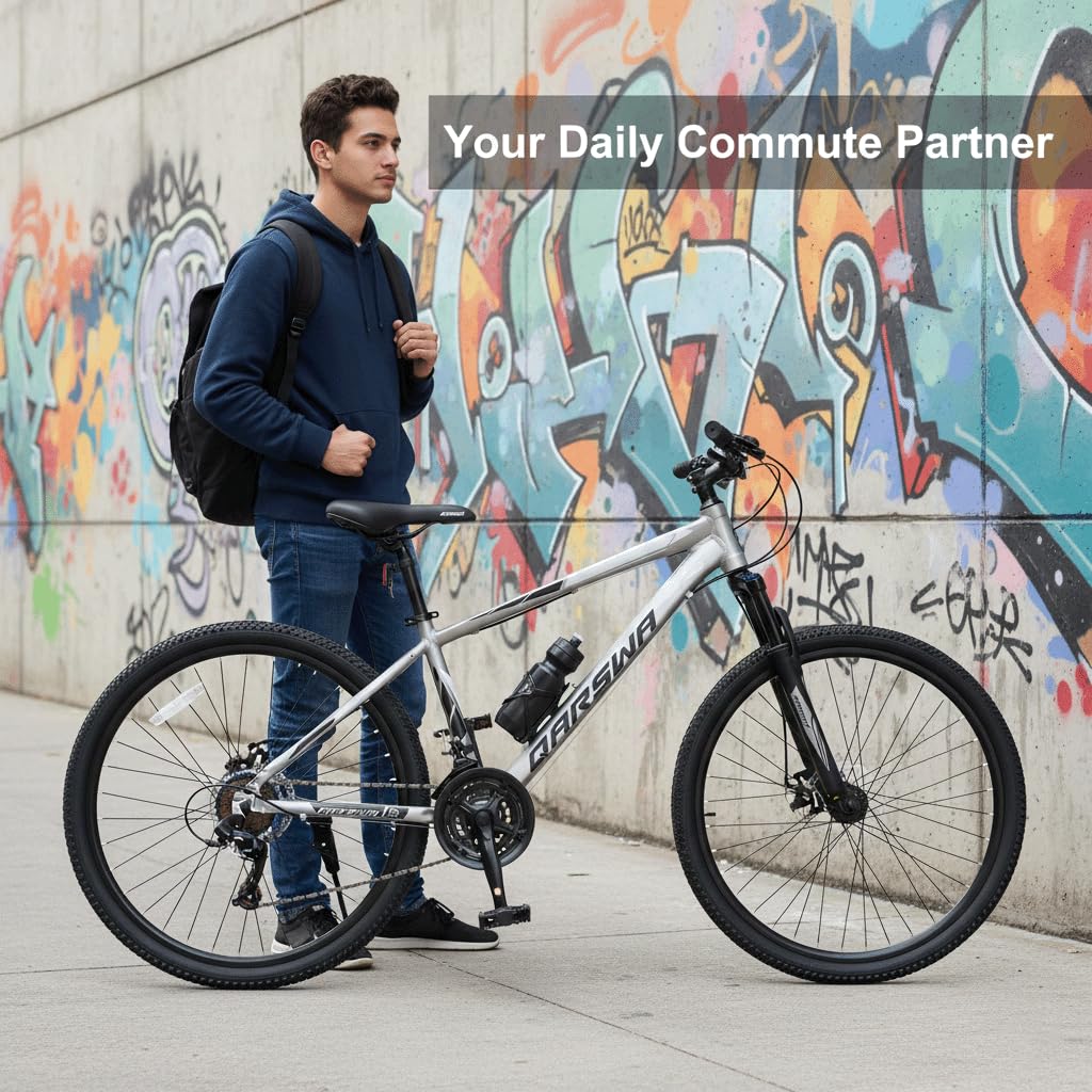 QARSWA 26 Inch Mountain Bike, Lightweight Aluminum Frame MTB with 21-Speed Trigger Shifter & Dual Disc Brakes, Comfort Foam Seat Adult Bicycle for Men and Women, Trail & Outdoor Riding, White