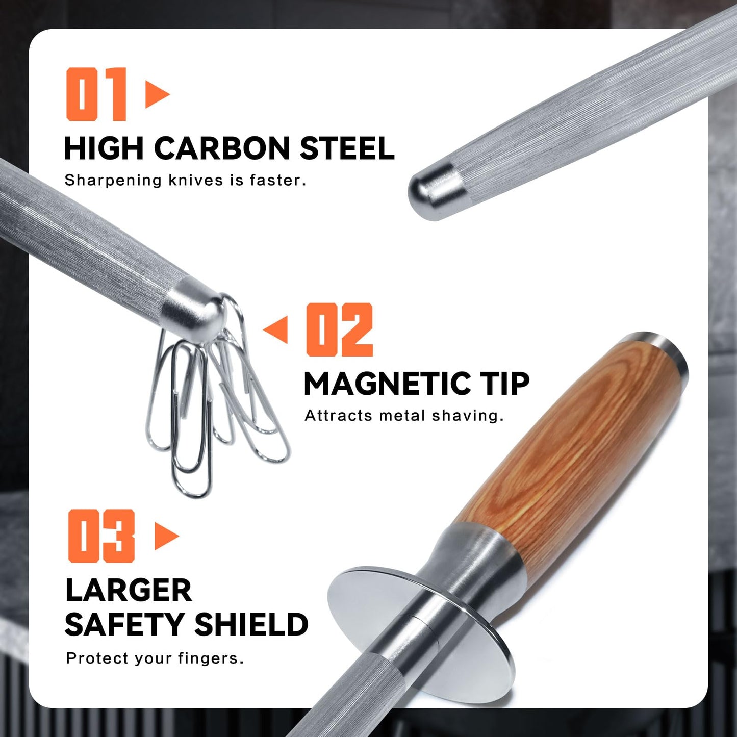 Monbalcon Honing Rod 10'', German High Carbon Steel Knife Sharpener Rod with Premium Gift Box, Professional Fine Sharpening Stone Kitchen Knife Whetstone with Natural Wood Handle, 10 inch
