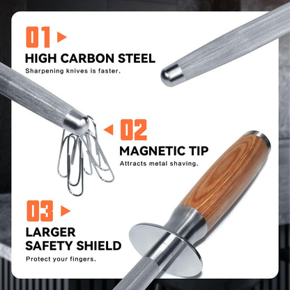 Monbalcon Honing Rod 10'', German High Carbon Steel Knife Sharpener Rod with Premium Gift Box, Professional Fine Sharpening Stone Kitchen Knife Whetstone with Natural Wood Handle, 10 inch