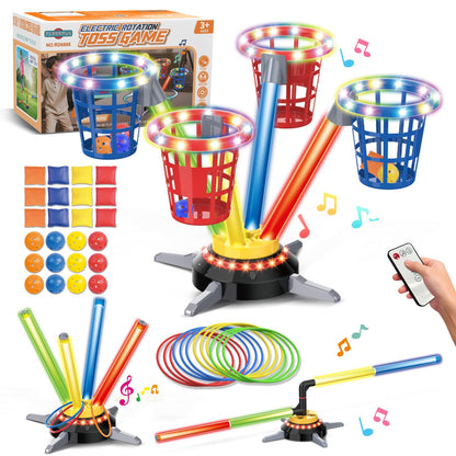 TERRAMUS 3 in 1 Bean Bag Ring Toss Game for Kids, Rechargeable Musical Jumping Games w/LED Light & Remote, Electric Spinning Base, Sandbags, Rings, Carnival Indoor Outdoor Sport Toy for 3+ Boys Girls
