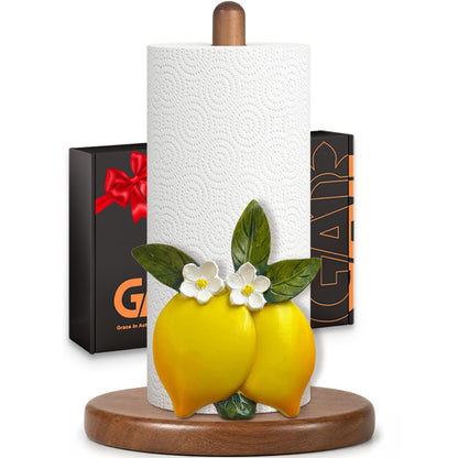 Lemon Paper Towel Holder, Yellow Lemon Kitchen Decor for Countertop, Gifts for Women, Wooden Stand with 3D Resin Fruit Accent, Non-Slip Base, Fits Standard & Jumbo Rolls