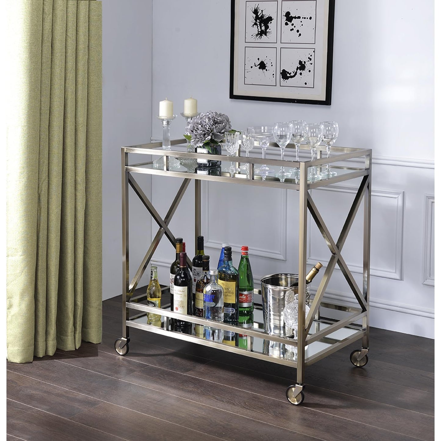 Kristensen Mirrored & Antique Gold Finish Serving Cart - Antique Gold - Serving Cart with Mirrored Top & Shelf - Elegant Finish