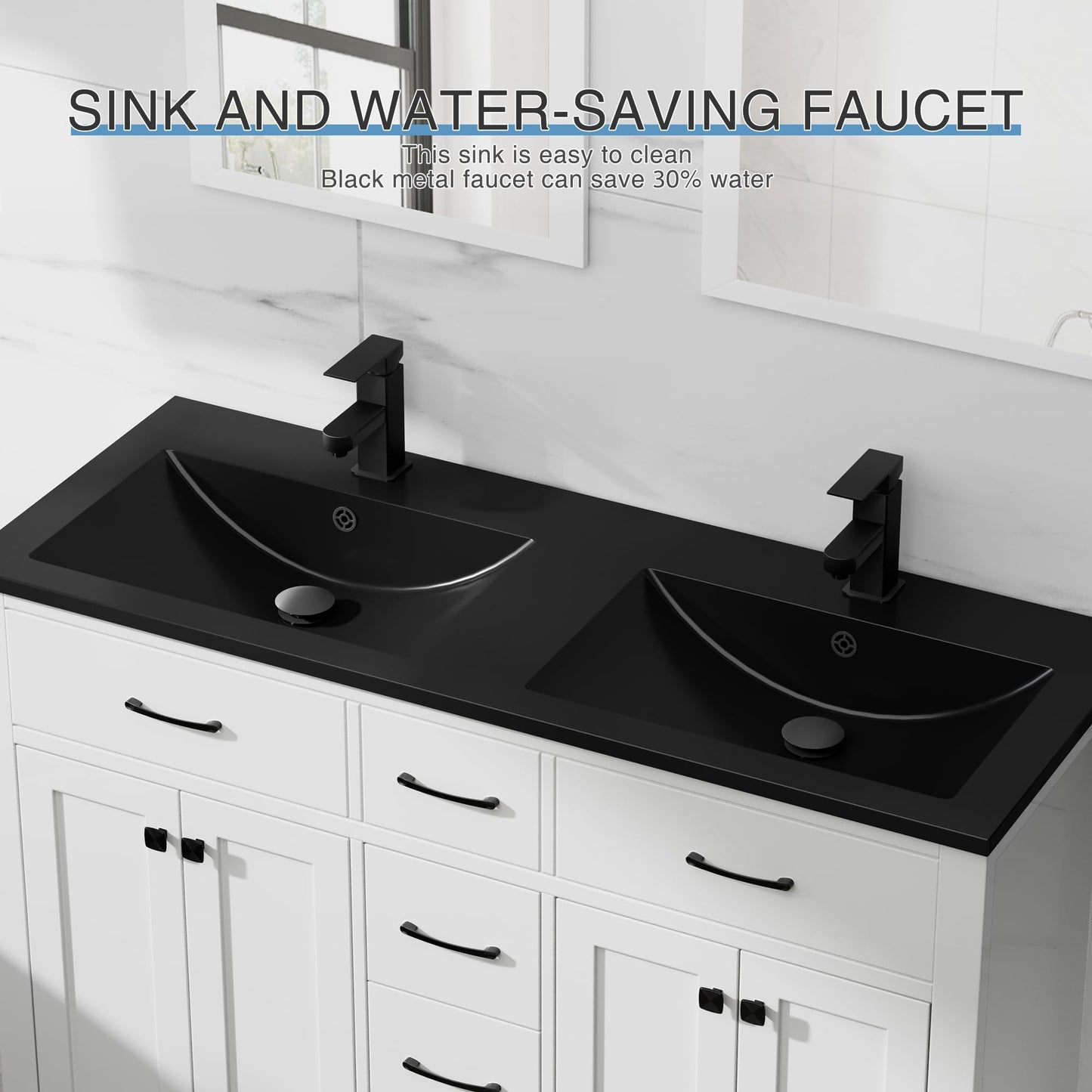 LUCKWIND 48" Modern Bathroom Vanity with Sink Combo, Contemporary Painted Storage Cabinet and Double Black Sink, Include Soft-Closing Doors & Matte Black Faucet, White