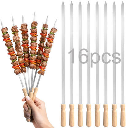 Sawysine 16 Pcs 23.6" Stainless Steel Flat Skewers Bulk with Wooden Handle Large Heavy Duty Reusable Kabob Stick BBQ Barbecue Skewer for Grilling Meat Vegetables Outdoor Indoor Cooking