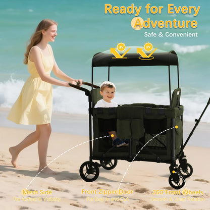Wagon Stroller for 2 Kids, Foldable All-Terrain Wagon for Kids with Canopy, Adjustable Push and Pull Handles,Convertible High Seat & Organizer, 5 Point Harness
