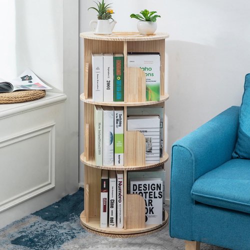 Heehee Wooden Rotating Bookshelf 360 Display Floor Standing Bookcase Storage Rack for Kids&Adults Multi-Functional Bookshelf Organizer (3-Tier)