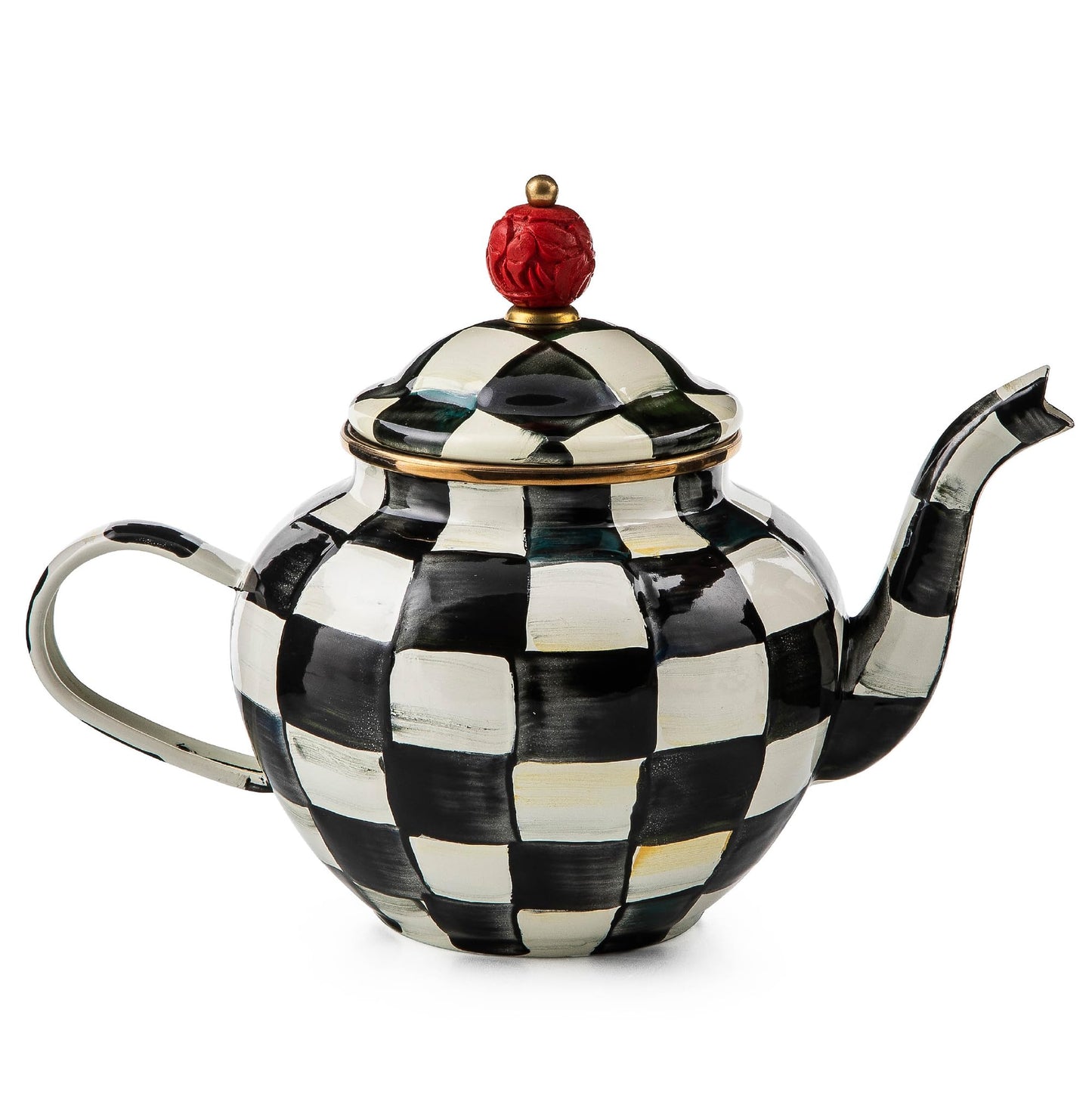 MACKENZIE-CHILDS Enamel Teapot, Cute Small Teapot with Lid, 4-Cup Capacity, Black-and-White Courtly Check