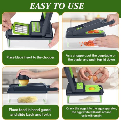 HomeHacks Vegetable Chopper - 12-in-1 Multi-Functional Kitchen Gadget with Dicer, Slicer & Grater (Green)