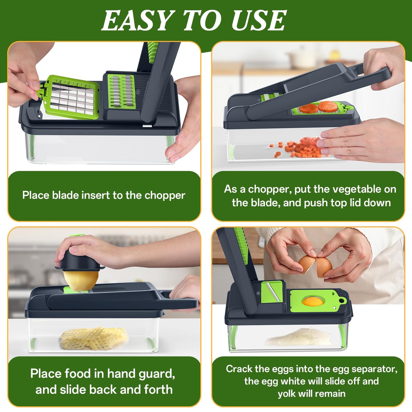 HomeHacks Vegetable Chopper Vegetable Cutter, 12 in 1 Kitchen Gadget, Dicer, Slicer, Onion Cutter, Salad, Cheese Grater & Egg Separator - Multi-Functional Veggie Chopper Lid with Handle (Green)