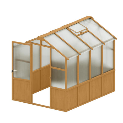 6x8 FT Outdoor Wood Greenhouse, Heavy Duty Solid Pine Wooden Walk-in Green House with 6MM Thick Polycarbonate Panels, Adjustable Roof Vent and Lockable Door, Garden House for Backyard Patio Lawn