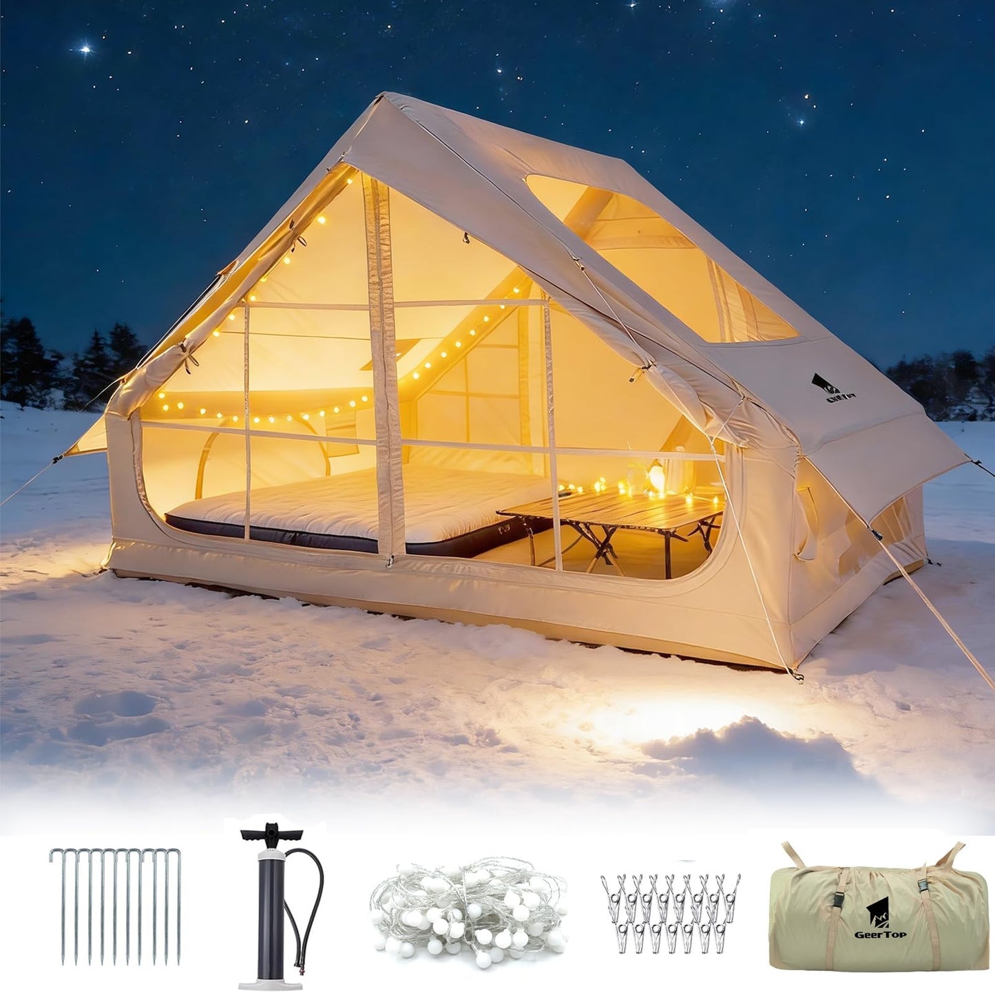 GEERTOP Large Inflatable Camping Tent with Stove Jack Instant Waterproof Blow Up Air Glamping Tent with Skylight for Family 4-6 Person 4 Season Outdoor Adventures