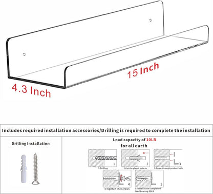 2 Bedroom,Room,15 Inch Pcak Clear Acrylic Shelves for Bathroom Wall Shelf & Organizer,Invisible Floating Shelves & Wall