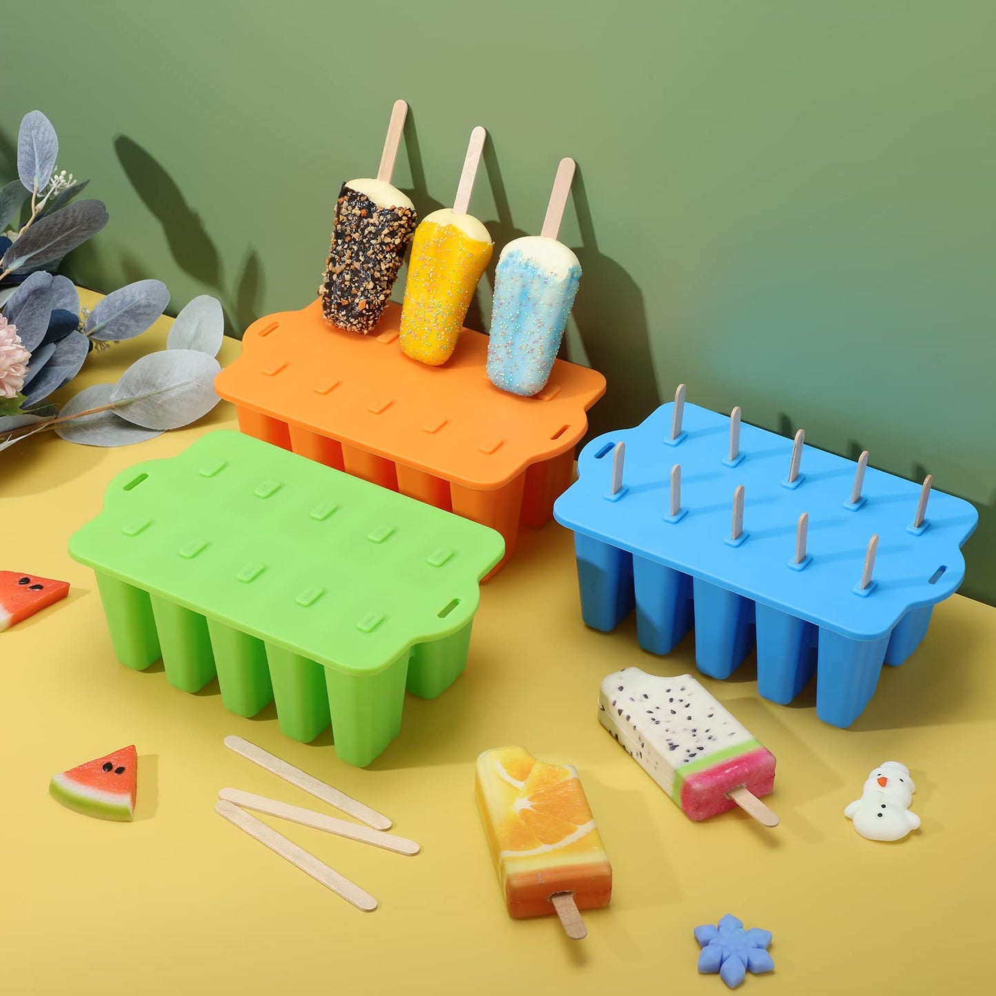 Hoolerry 4 Set Silicone Ice Lolly Molds, Reusable Ice Cream Molds with 200 Wooden Sticks, Easy Release Pop Maker, Frozen Treat Mold for Homemade, Red, Blue, Green, Orange(10 Cavities)