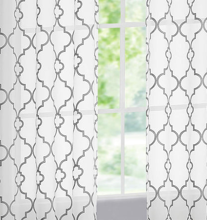 Moroccan Embroidered Semi Sheer Curtains, 108" Long Linen Textured Grey White Geometric Drapes for Living Room