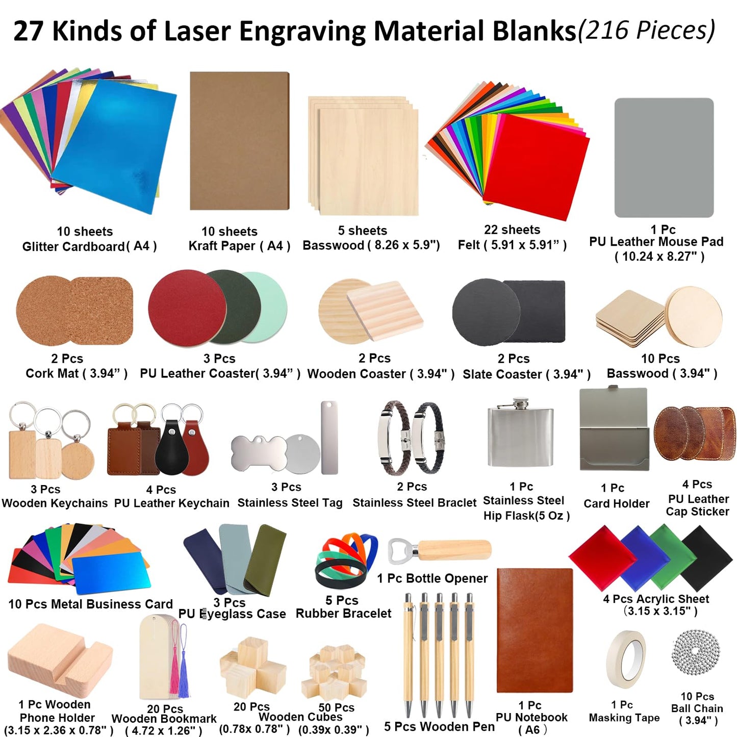 216Pcs Laser Engraving Material Kit, 27 Kinds Blanks for DIY Crafts Includes Wood, Acrylic, Metal, Fabric, Rock, PU Leather,Diatom Mud Blanks Material